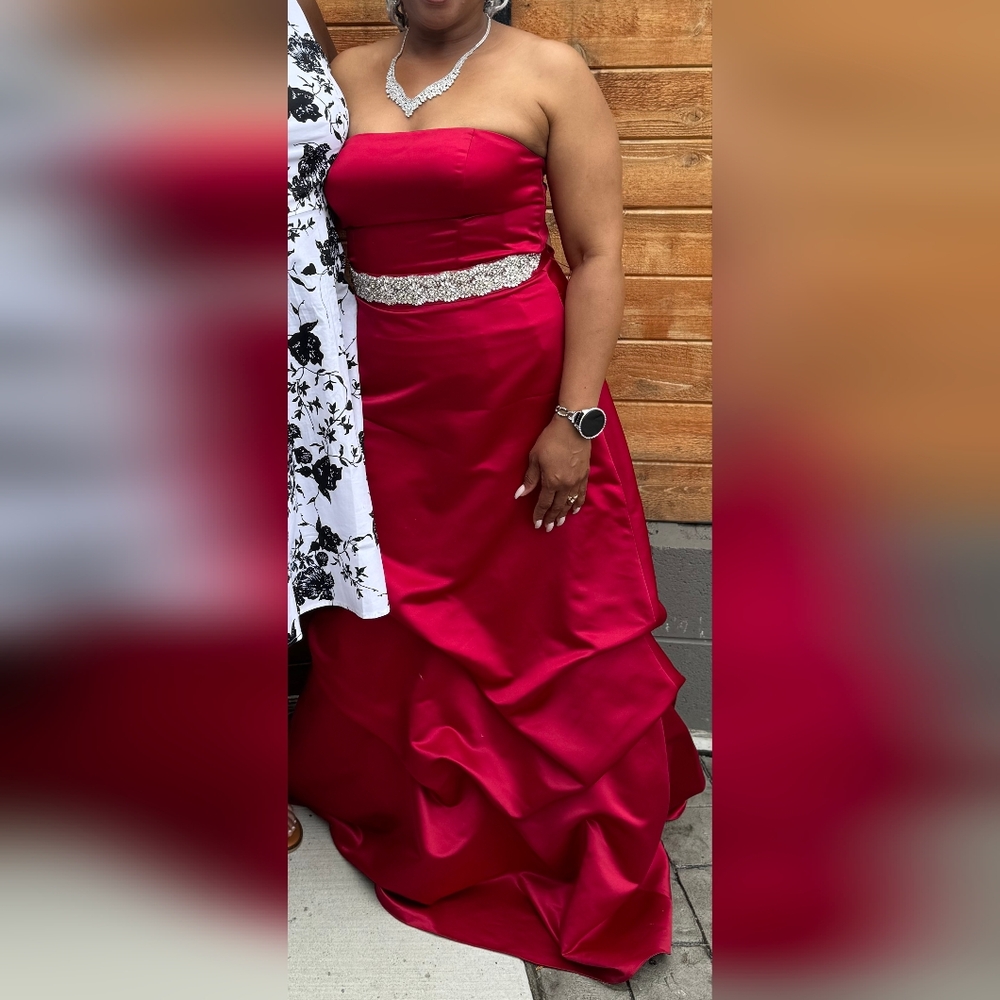 Bill Levkoff Red Asymmetrical Strapless Gown